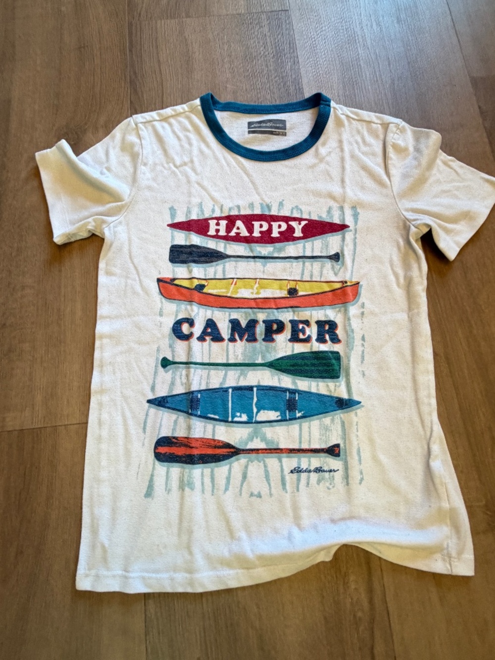 Eddie Bauer Kids Happy Camper Canoe Paddle Ringer Tee Cream Teal Youth M 10/12